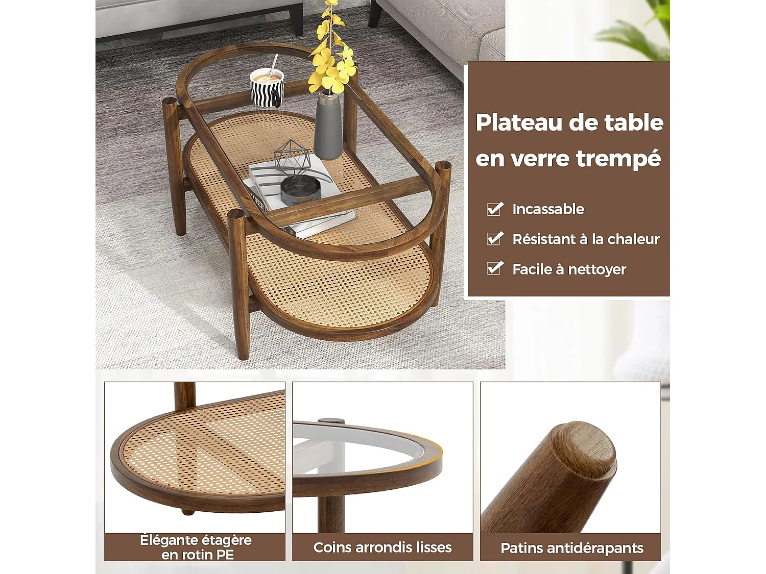 Table Basse Bois, Table Basse Salon Ovale, Cadre en Bois Courbé, Design Cannage en Rotin PE, Table Basse Organique, 90x50x45cm