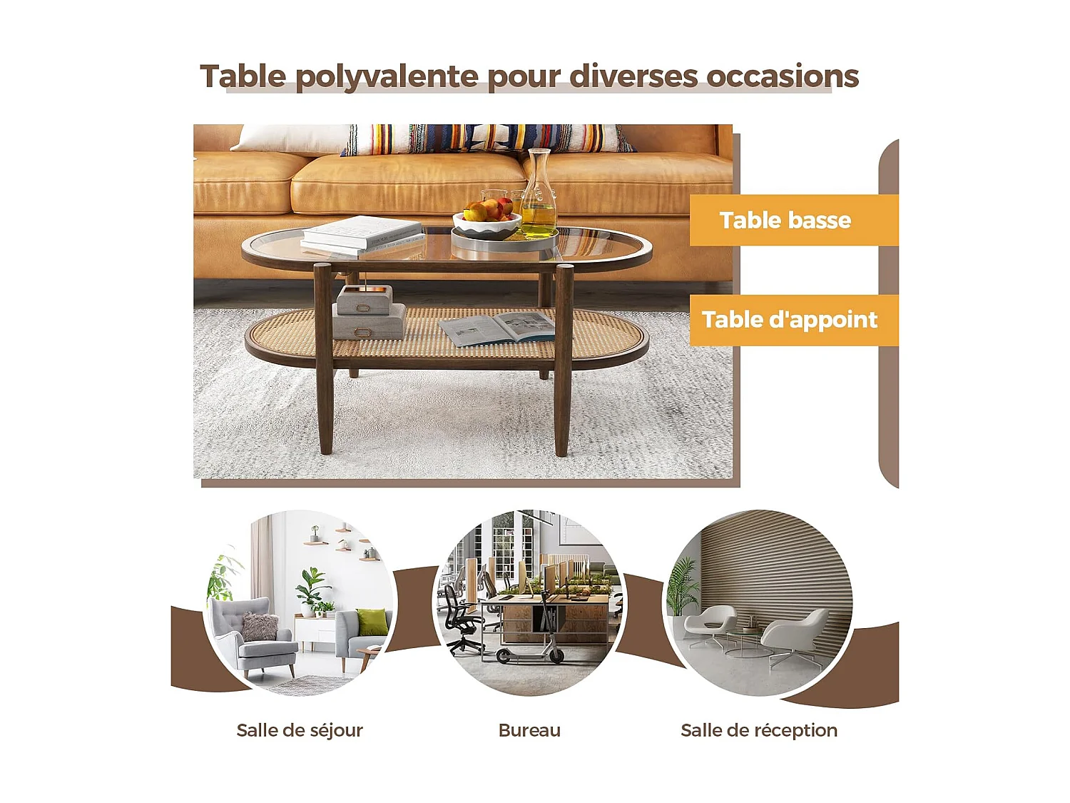 Table Basse Bois, Table Basse Salon Ovale, Cadre en Bois Courbé, Design Cannage en Rotin PE, Table Basse Organique, 90x50x45cm