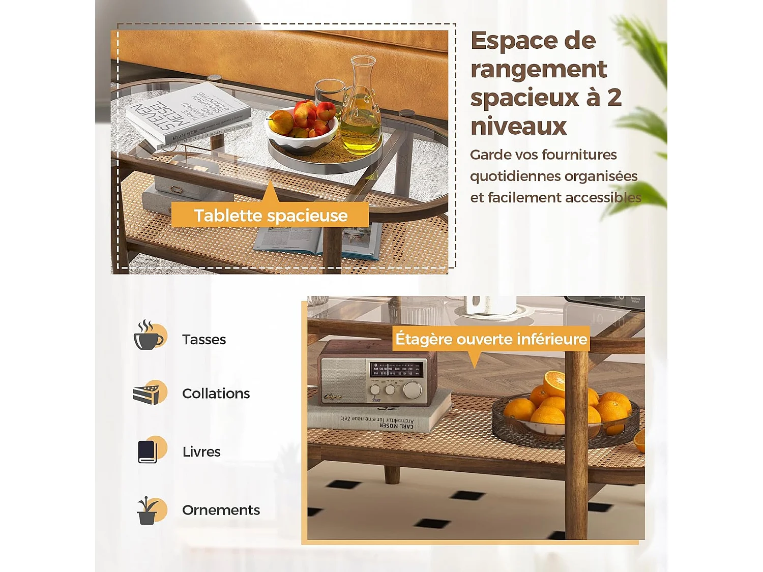 Table Basse Bois, Table Basse Salon Ovale, Cadre en Bois Courbé, Design Cannage en Rotin PE, Table Basse Organique, 90x50x45cm