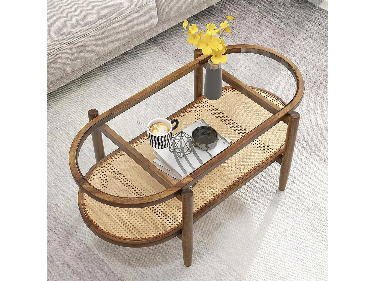 Table Basse Bois, Table Basse Salon Ovale, Cadre en Bois Courbé, Design Cannage en Rotin PE, Table Basse Organique, 90x50x45cm