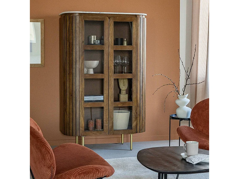 Vitrina de Madera de Mango y Mármol Siena - Mueble de Calidad con Patas Roscadas y Dimensiones 160x100x40