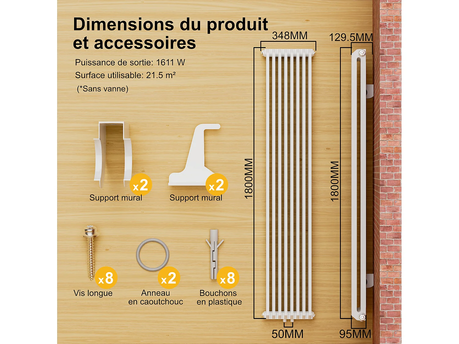 EMKE Radiateur eau chaude verticale en acier H.180 × L.59,4 cm 1611 W Le design Chauffage central blanc