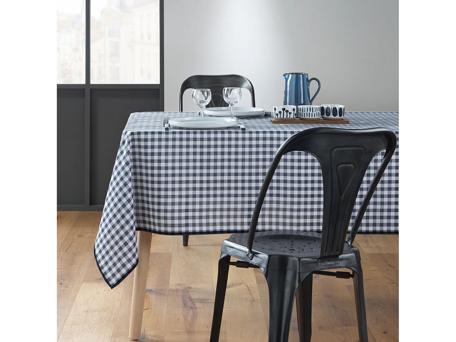 Mantel Cuadrado Antipliegues Vichy Azul Resistente a las Manchas