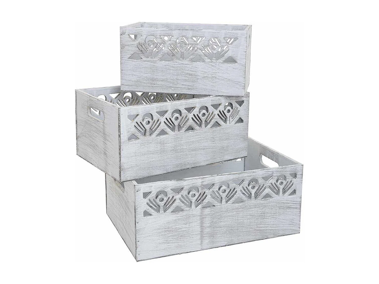 Set di 3 cesti in legno bianco 35x25x15h-30x20x14h-25x15x13