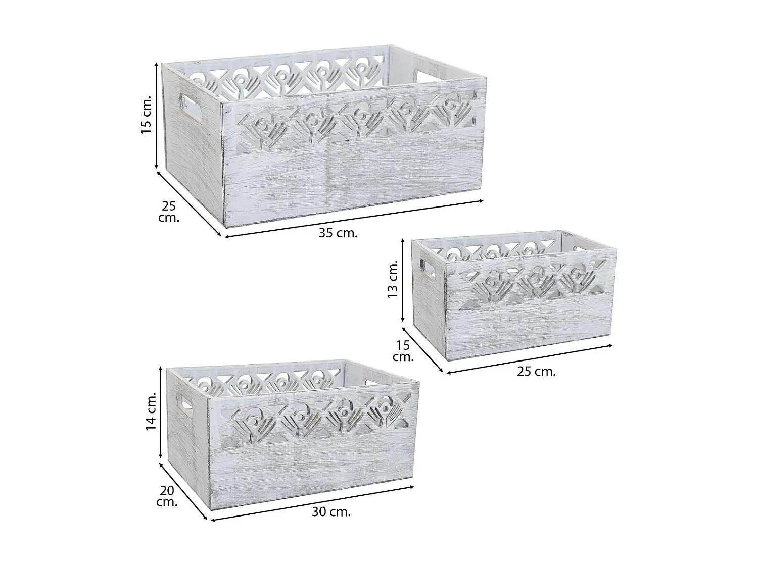 Set di 3 cesti in legno bianco 35x25x15h-30x20x14h-25x15x13