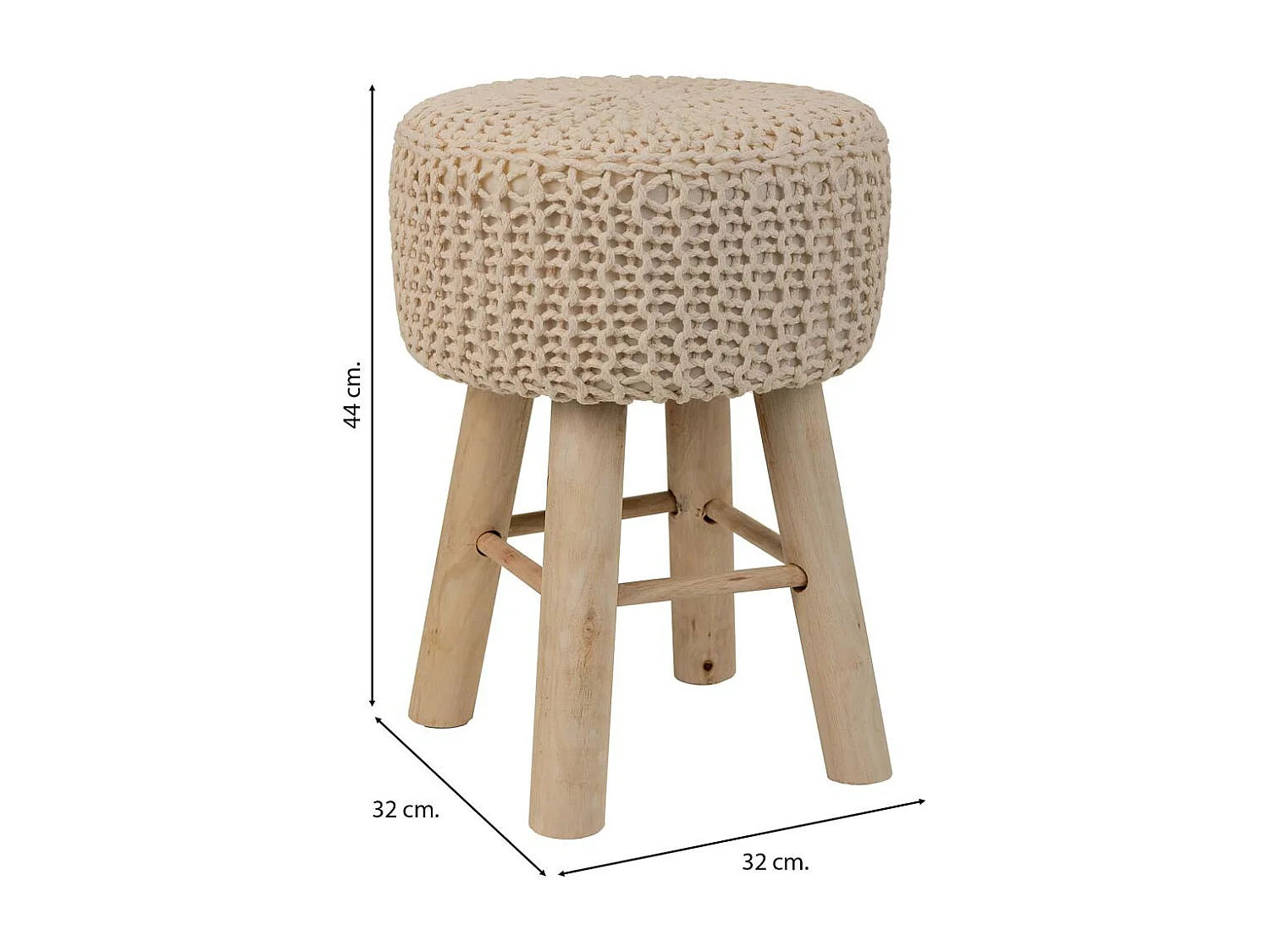 Brauner Hocker aus gewebter Baumwolle und Holz, 32x32x44h cm