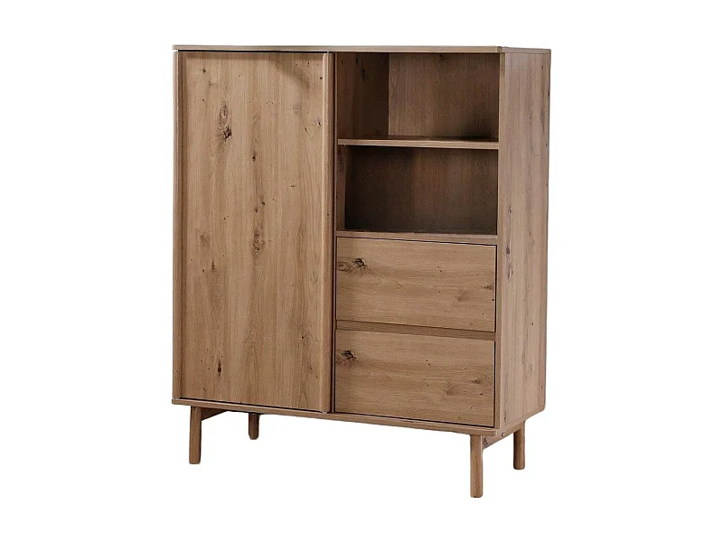 Hoge dressoir met 1 schuifdeur en 2 lades in eiken decor - LENNY
