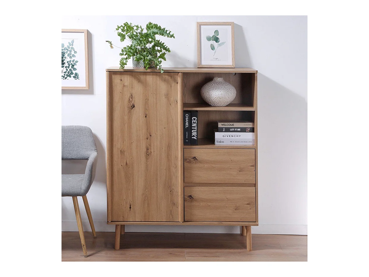 Buffet Haut 1 Porte Coulissante et 2 Tiroirs décor chêne - LENNY