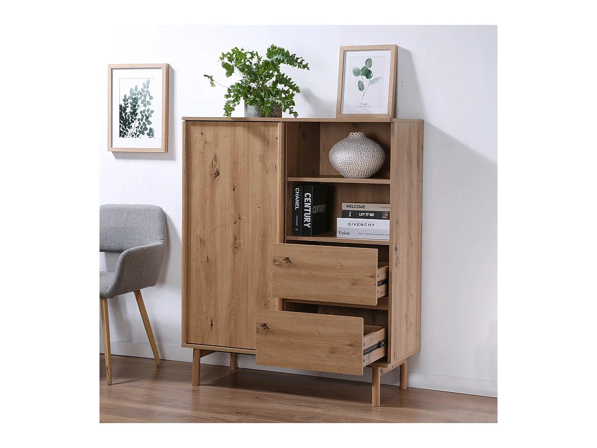 Buffet Haut 1 Porte Coulissante et 2 Tiroirs décor chêne - LENNY