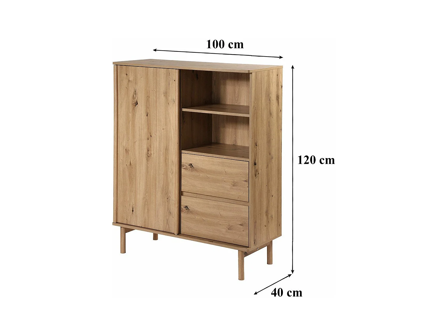 Buffet Haut 1 Porte Coulissante et 2 Tiroirs décor chêne - LENNY