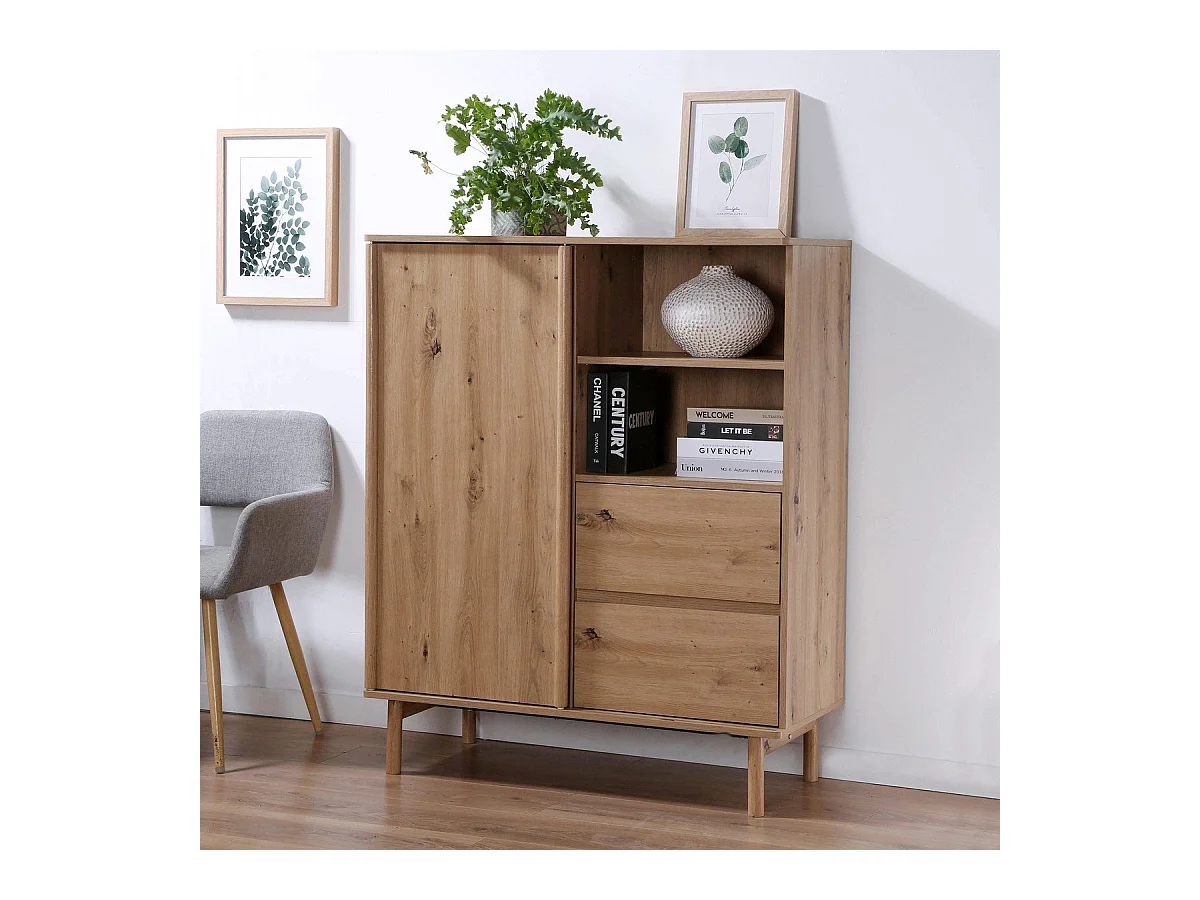 Buffet Haut 1 Porte Coulissante et 2 Tiroirs décor chêne - LENNY
