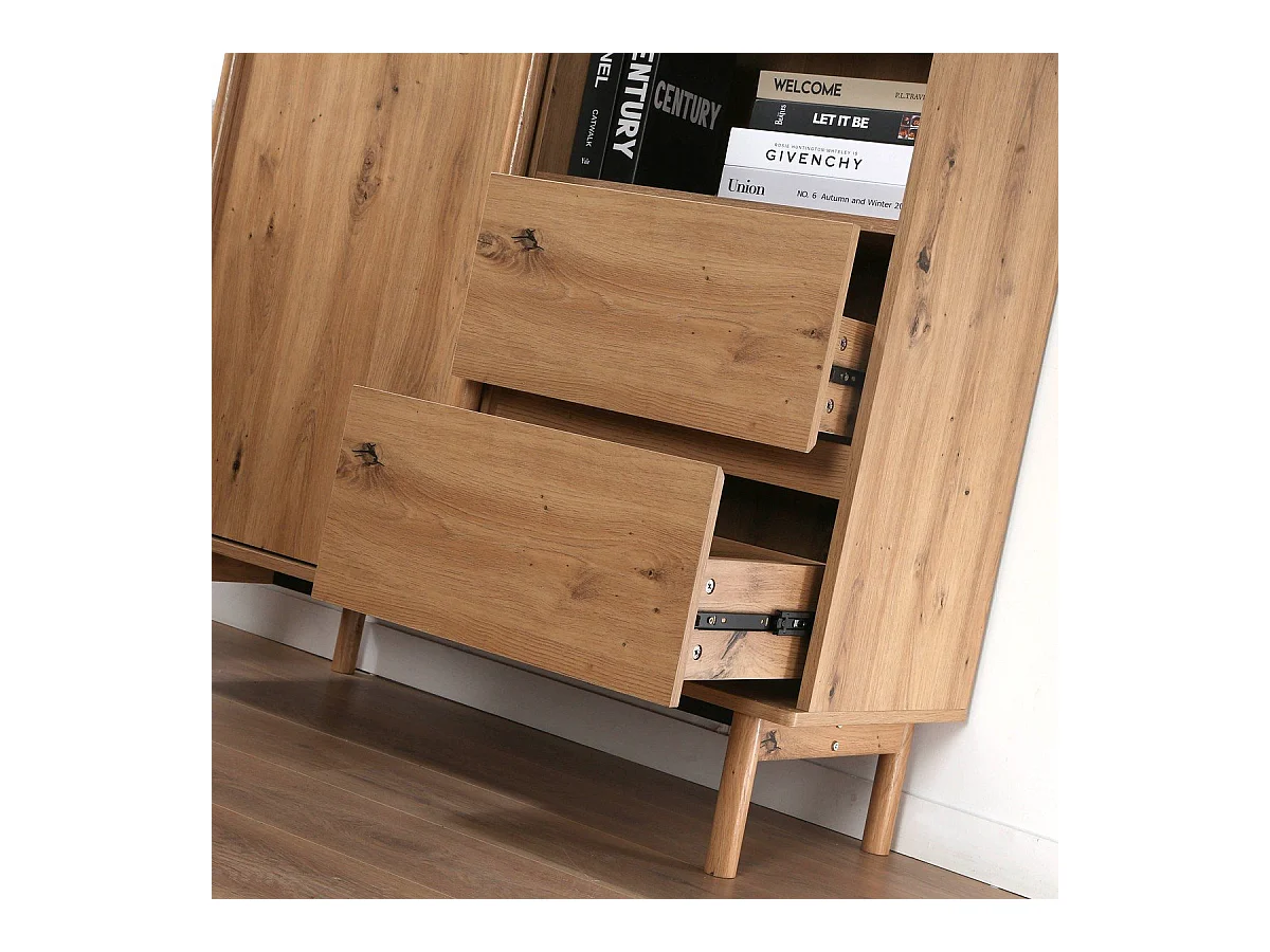 Buffet Haut 1 Porte Coulissante et 2 Tiroirs décor chêne - LENNY