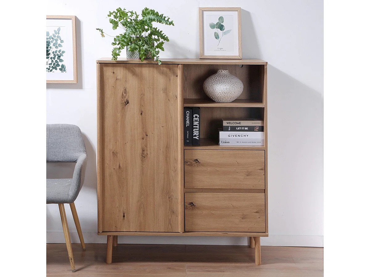 Buffet Haut 1 Porte Coulissante et 2 Tiroirs décor chêne - LENNY