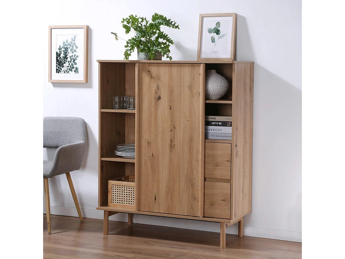 Buffet Haut 1 Porte Coulissante et 2 Tiroirs décor chêne - LENNY