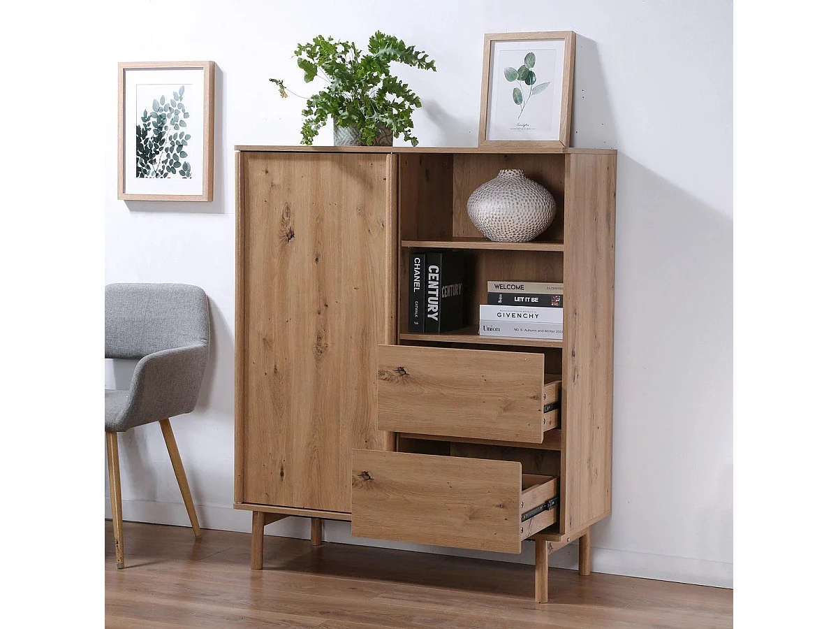 Buffet Haut 1 Porte Coulissante et 2 Tiroirs décor chêne - LENNY