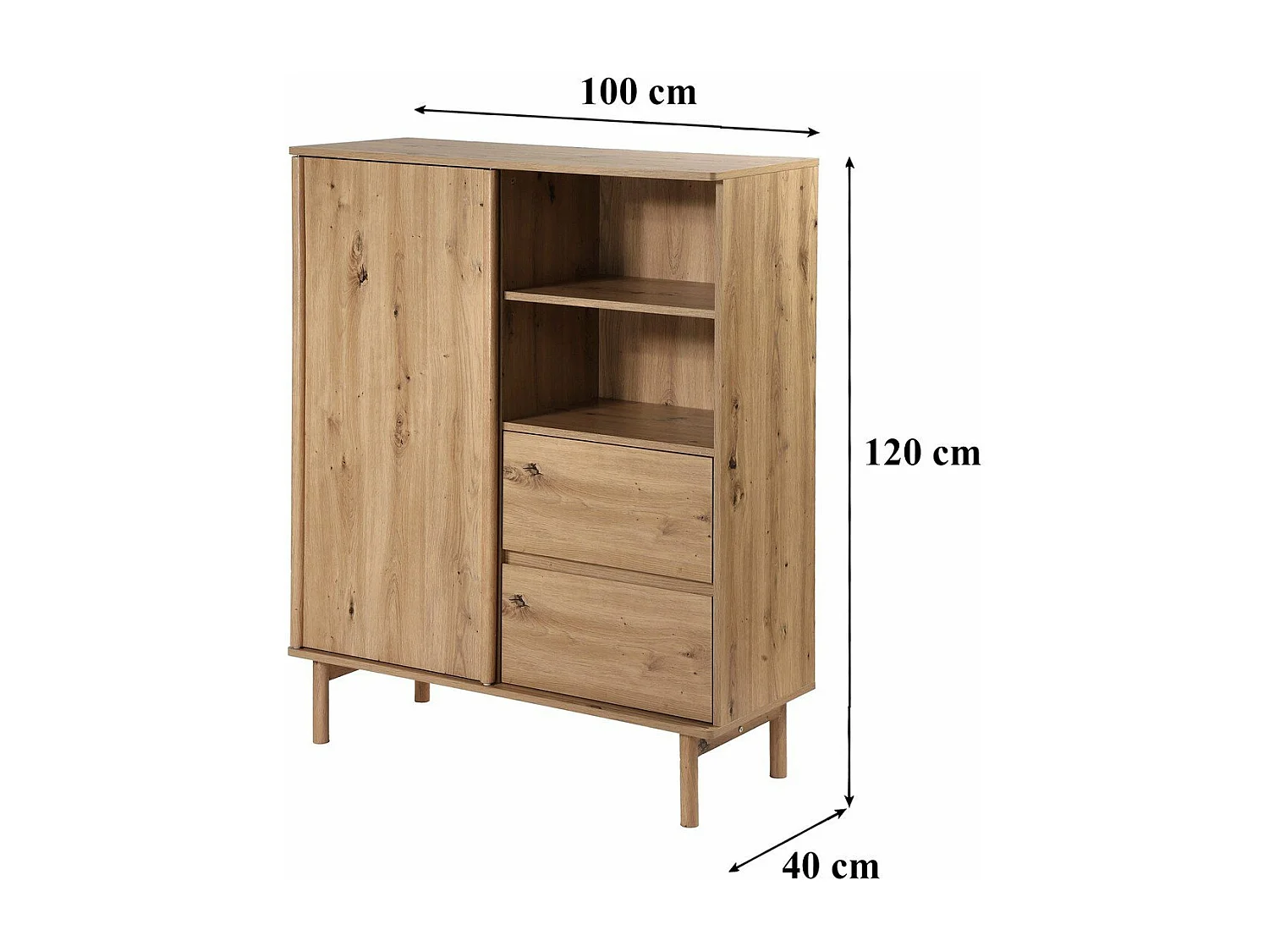 Buffet Haut 1 Porte Coulissante et 2 Tiroirs décor chêne - LENNY