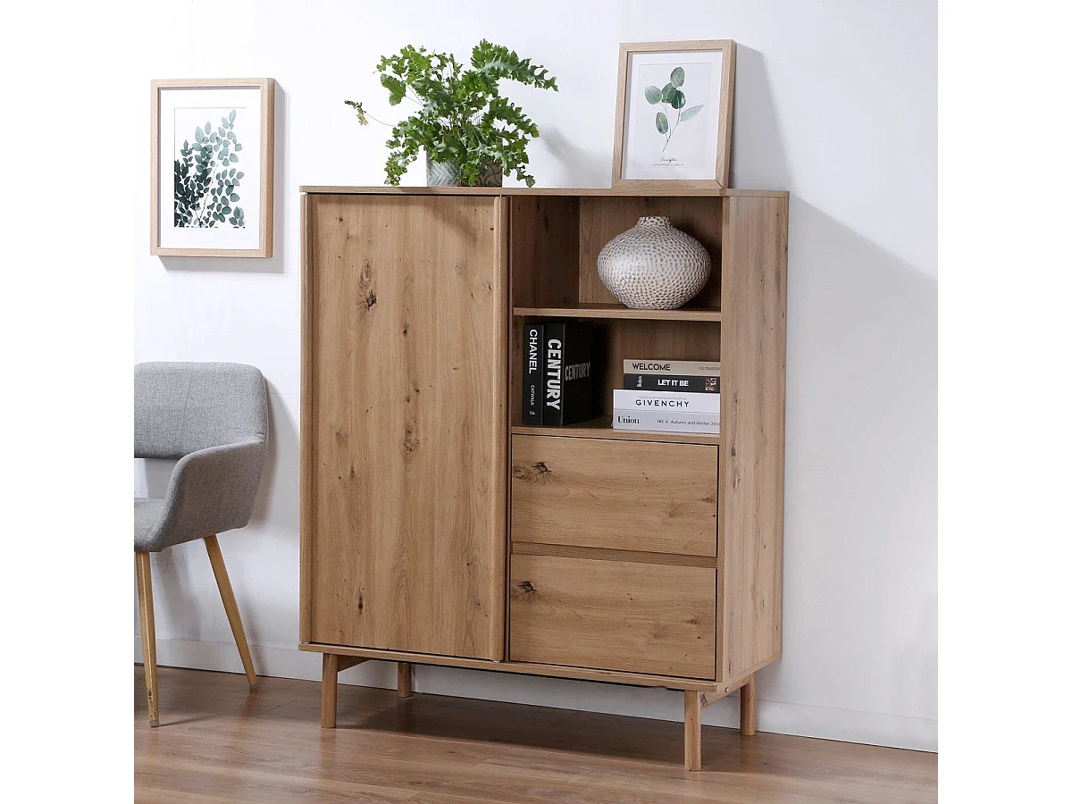 Buffet Haut 1 Porte Coulissante et 2 Tiroirs décor chêne - LENNY