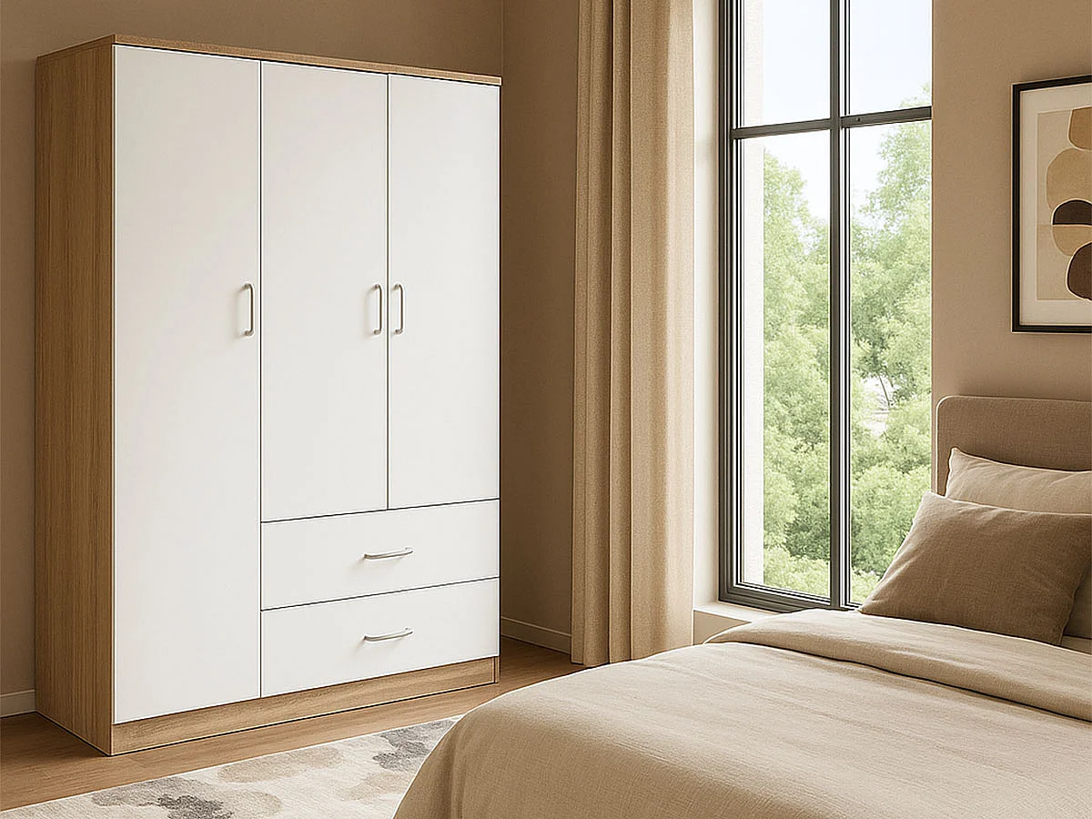 Roupeiro Milan Branco, Carvalho Claro)(3 Portas de Abrir, 2 Gavetas)