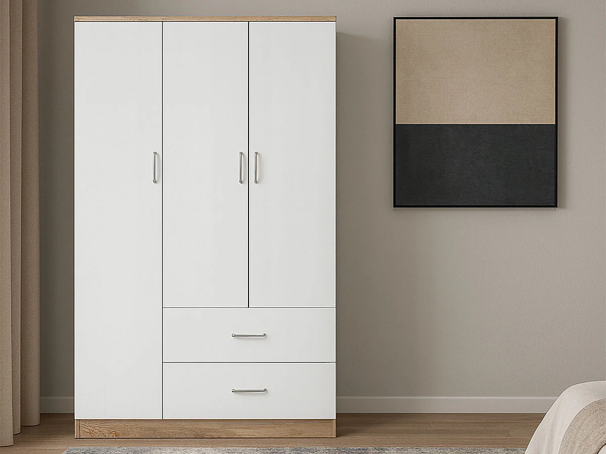 Roupeiro Milan Branco, Carvalho Claro)(3 Portas de Abrir, 2 Gavetas)