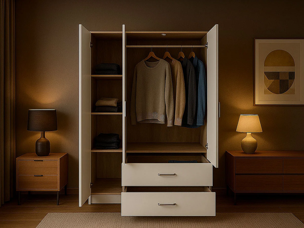 Roupeiro Milan Branco, Carvalho Claro)(3 Portas de Abrir, 2 Gavetas)