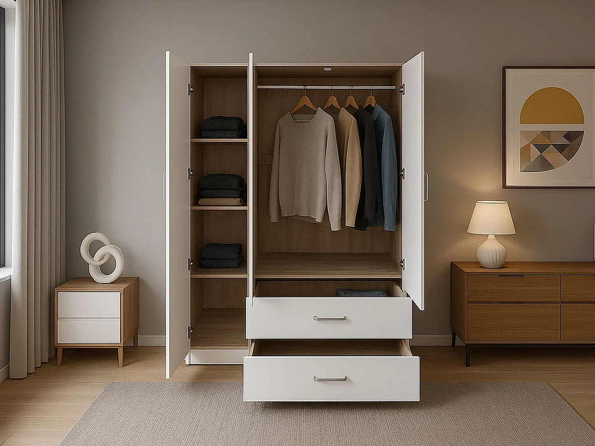 Roupeiro Milan Branco, Carvalho Claro)(3 Portas de Abrir, 2 Gavetas)