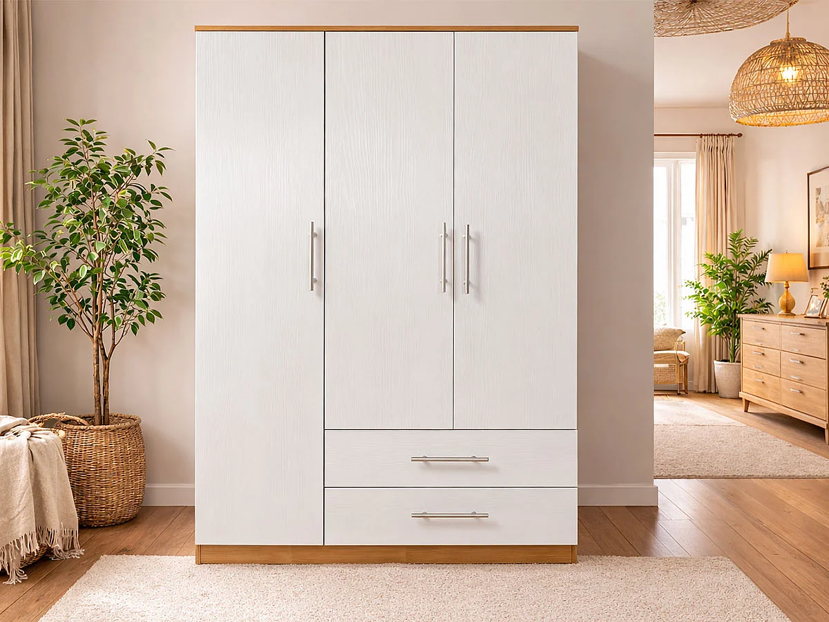 Roupeiro Milan Branco, Carvalho Claro)(3 Portas de Abrir, 2 Gavetas)