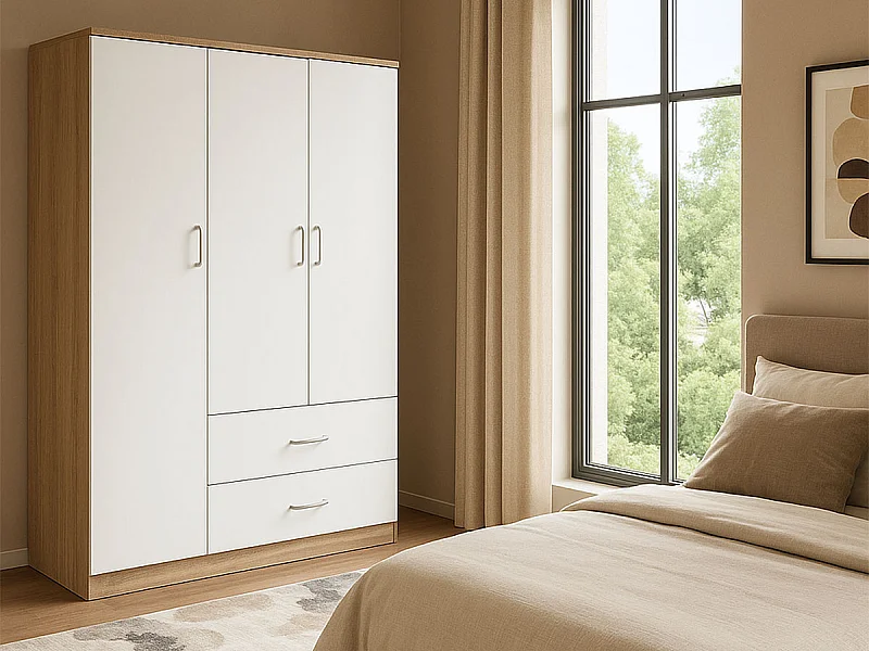 Roupeiro Milan Branco, Carvalho Claro)(3 Portas de Abrir, 2 Gavetas)