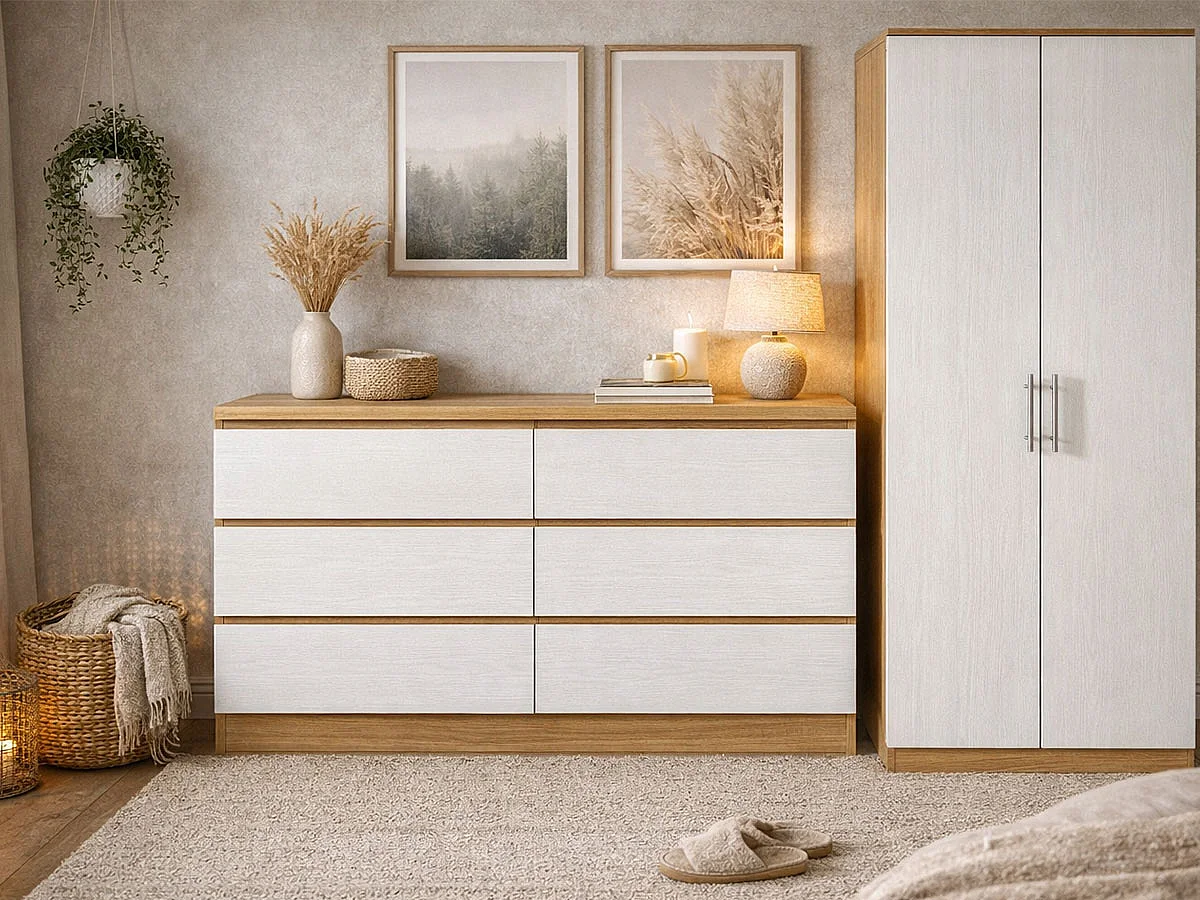 Cómoda Dupla Milan 6 Gavetas (Carvalho Claro, Branco)
