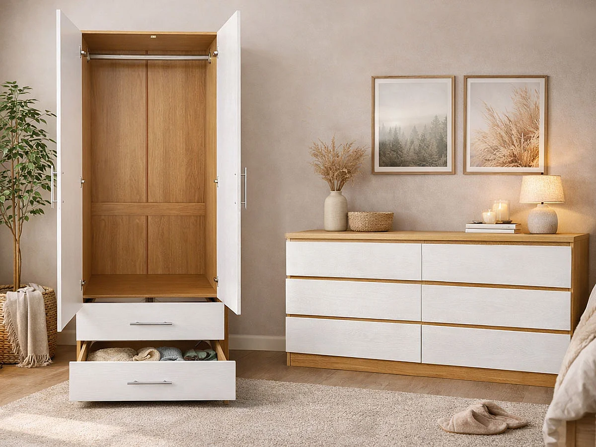 Cómoda Dupla Milan 6 Gavetas (Carvalho Claro, Branco)