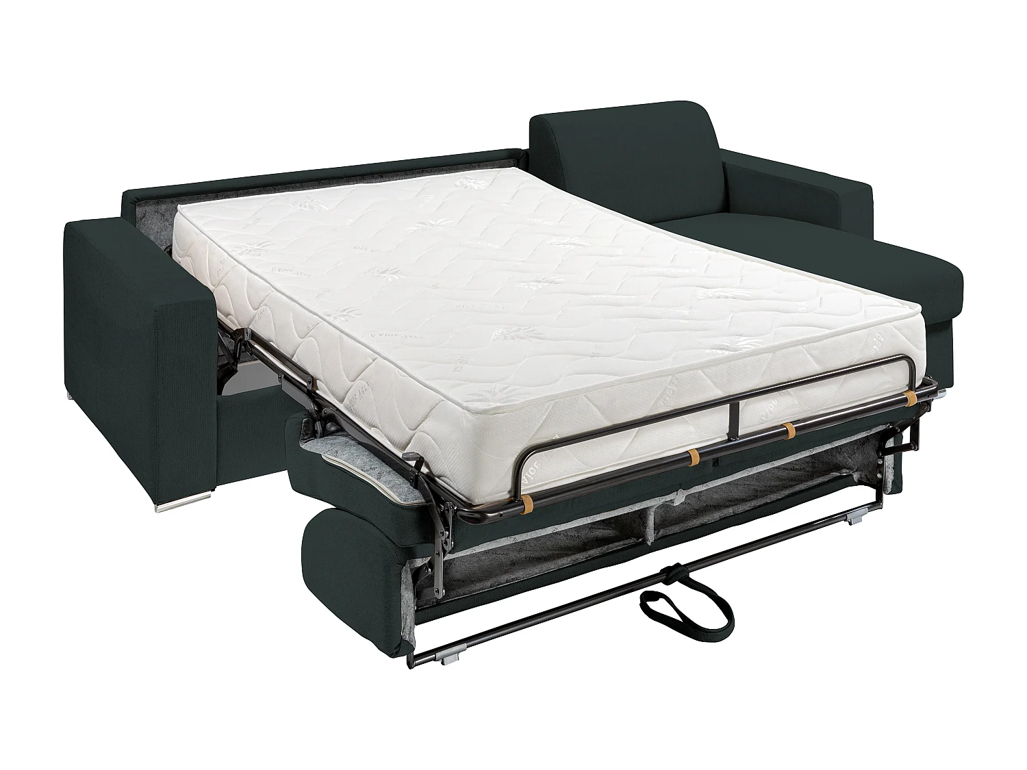 Canapé d'angle réversible convertible express en tissu vert sapin - Couchage lattes larges 160 cm - Matelas 22 cm avec mémoire de forme - CALITO
