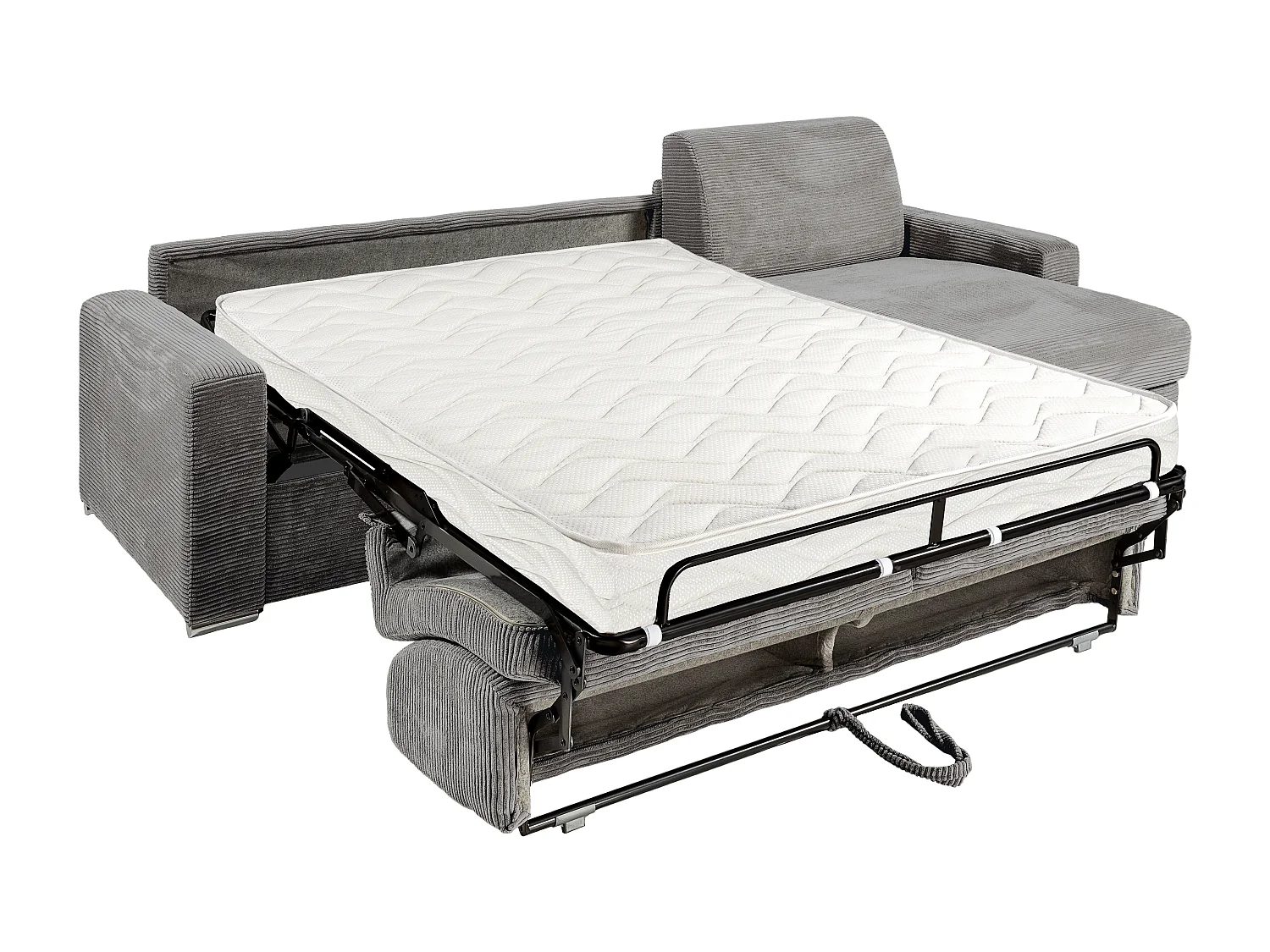 Canapé d'angle réversible convertible express en velours côtelé gris clair - Couchage lattes larges 140 cm - Matelas 14 cm - CALITO