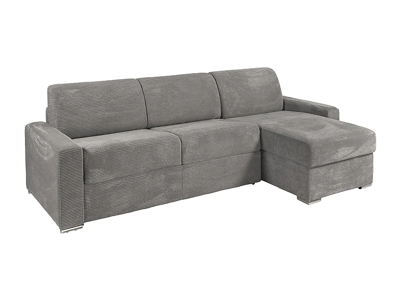 Canapé d'angle réversible convertible express en velours côtelé gris clair - Couchage 160 cm - Matelas 22 cm avec mémoire de forme  - CALITO