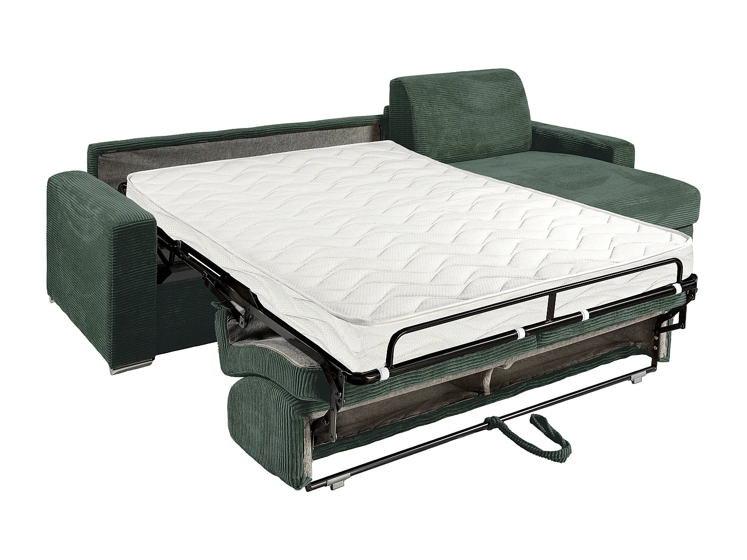 Canapé d'angle réversible convertible express en velours côtelé vert sapin - Couchage 140 cm - Matelas 14 cm - CALITO