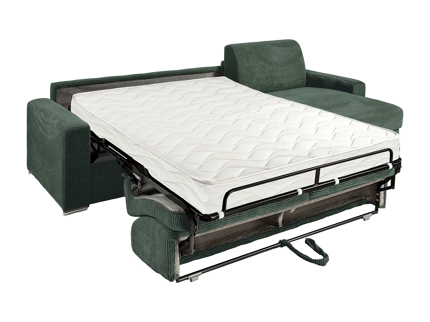 Canapé d'angle réversible convertible express en velours côtelé vert - Couchage lattes larges 140 cm - Matelas 18 cm - CALITO