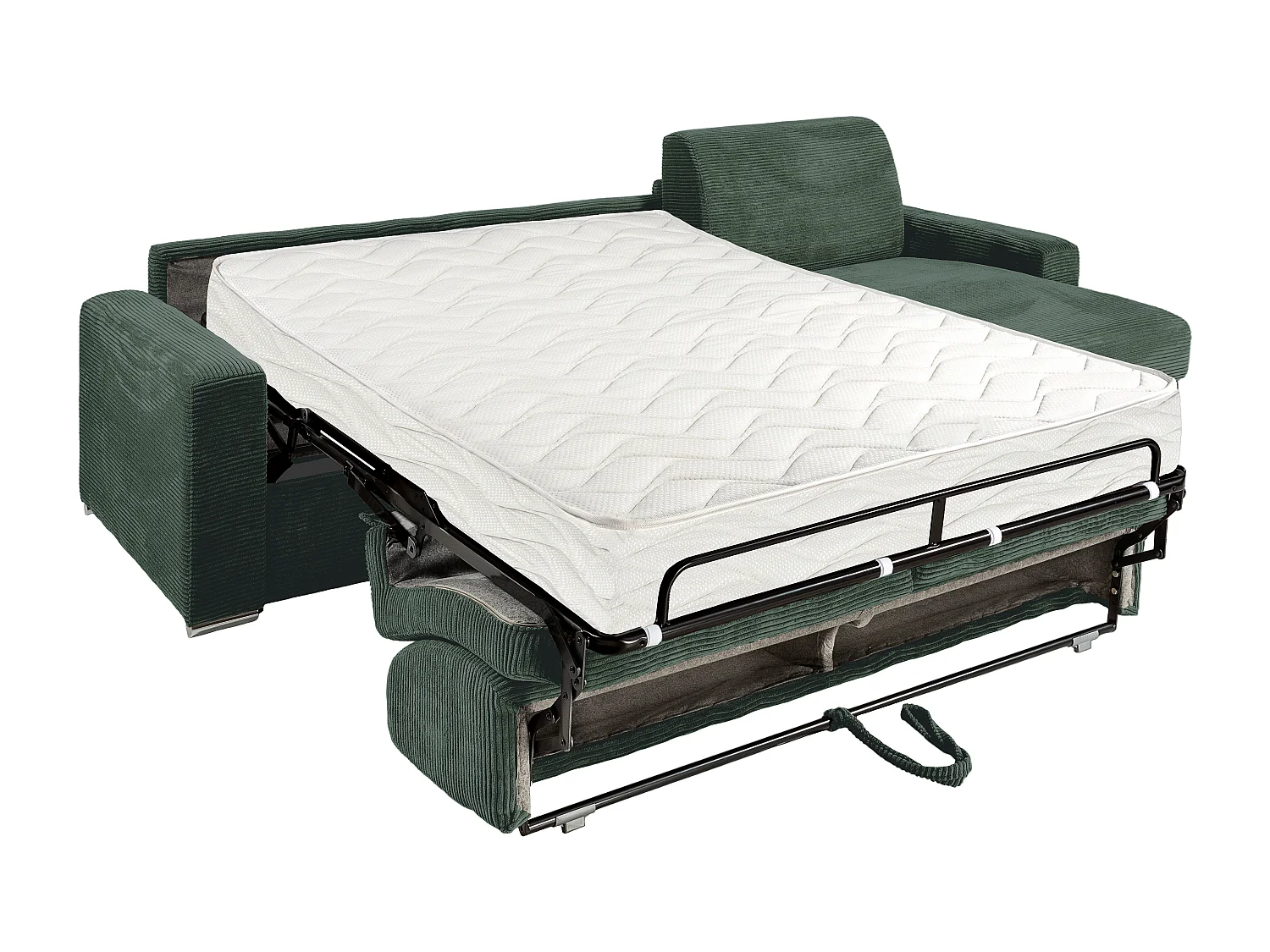Canapé d'angle réversible convertible express en velours côtelé vert - Couchage lattes larges 140 cm - Matelas 22 cm avec mémoire de forme - CALITO