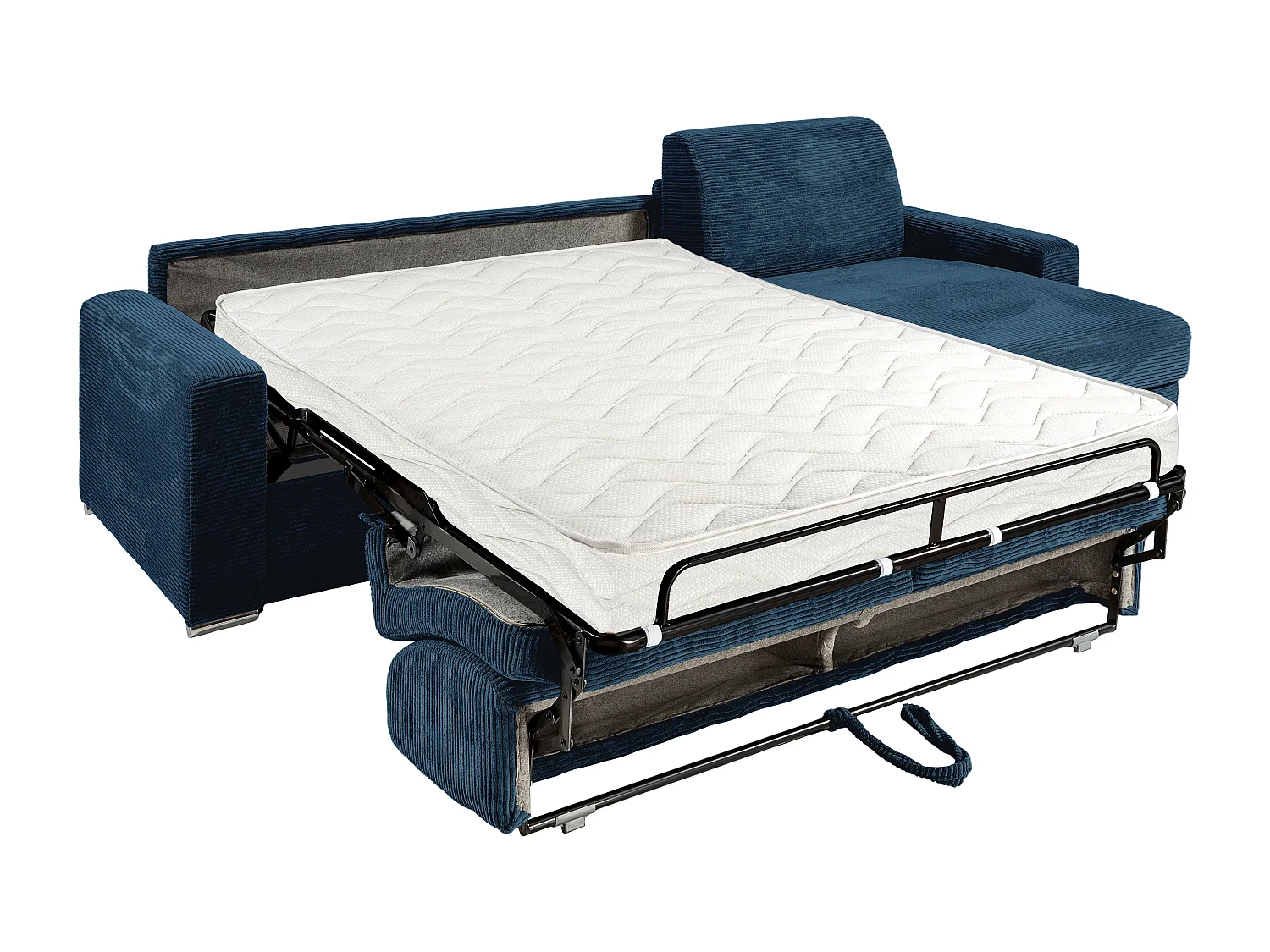 Canapé d'angle réversible convertible express en velours côtelé bleu - Couchage 160 cm - Matelas 14 cm - CALITO