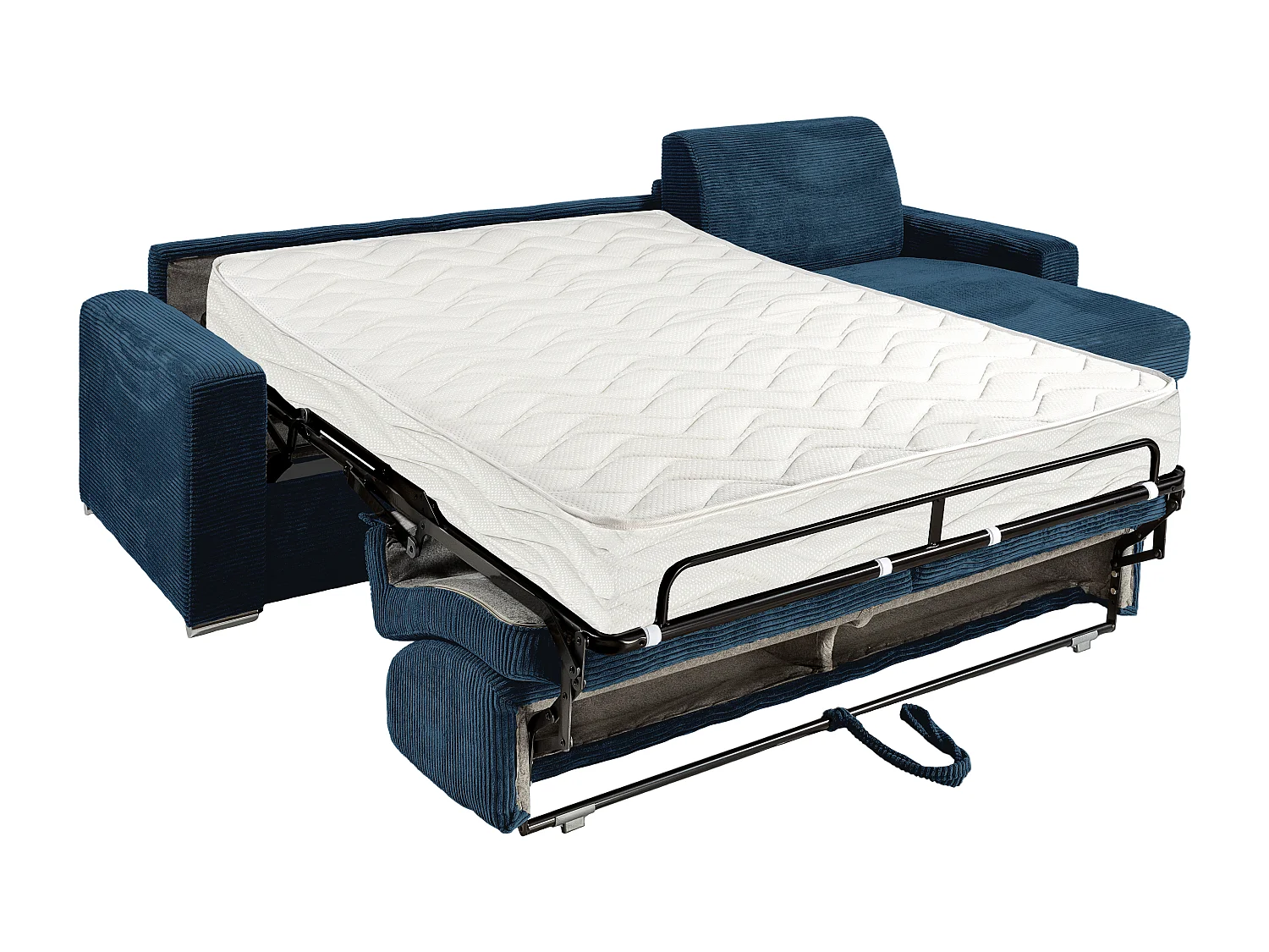 Canapé d'angle réversible convertible express en velours côtelé bleu - Couchage 160 cm - Matelas 22 cm avec mémoire de forme  - CALITO