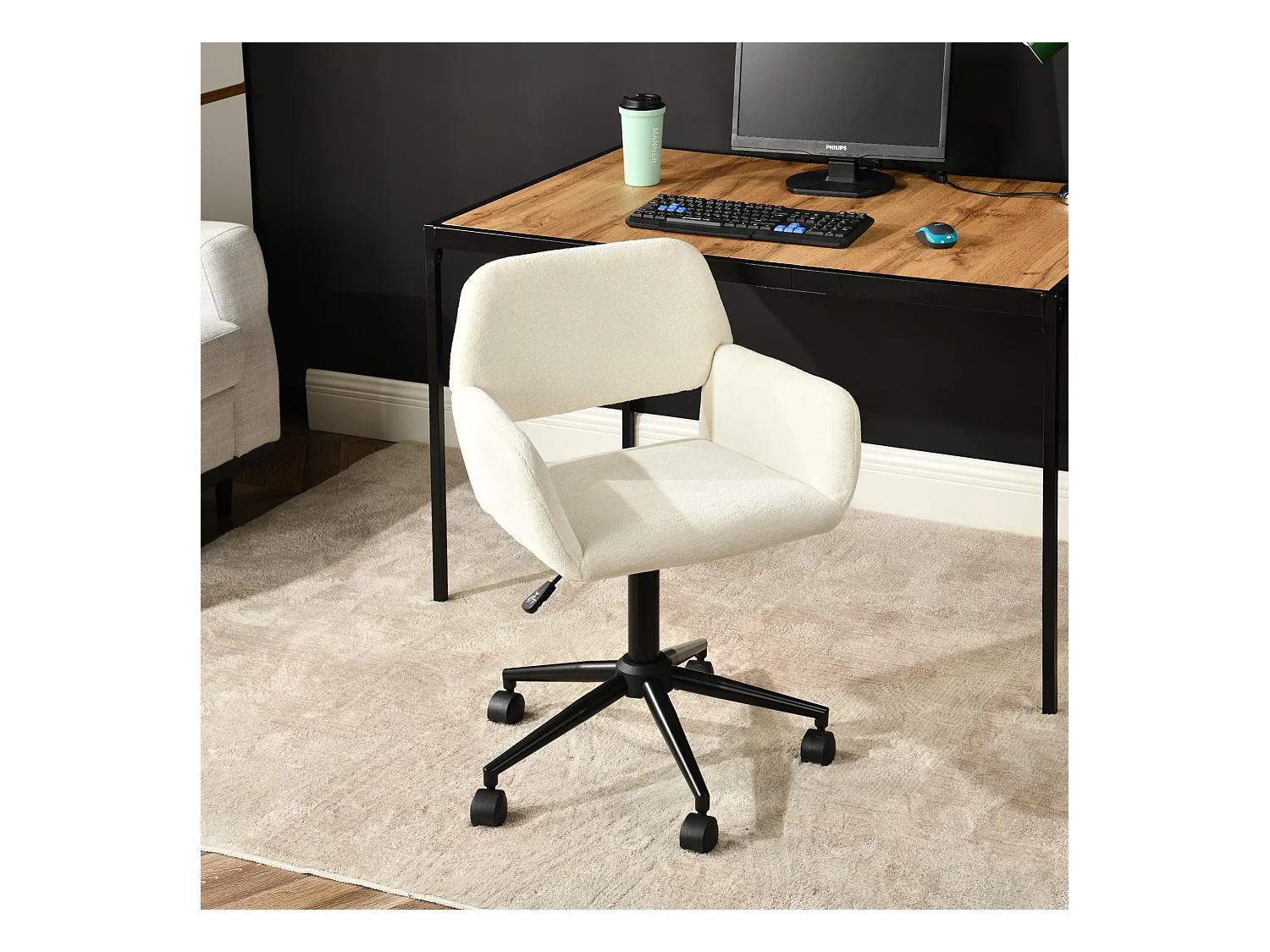 URBAN MEUBLE Chaise de bureau en tissu éponge beige, réglable en hauteur, rotation à 360°