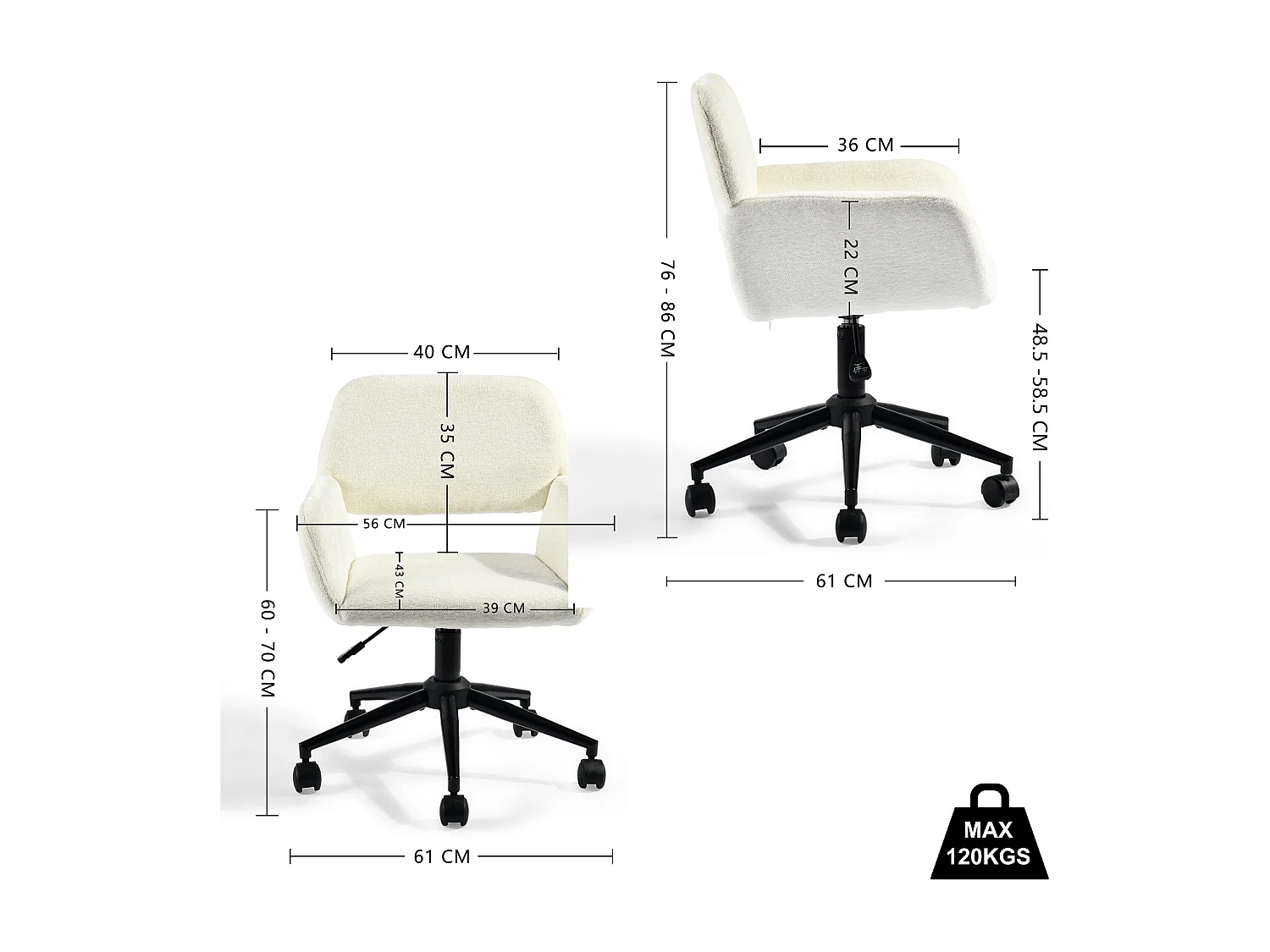URBAN MEUBLE Chaise de bureau en tissu éponge beige, réglable en hauteur, rotation à 360°