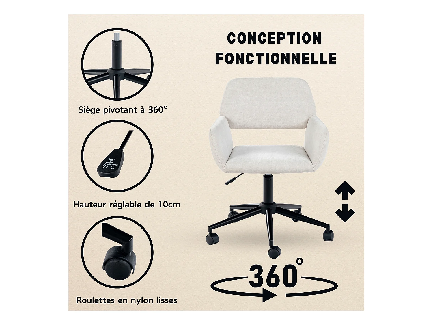 URBAN MEUBLE Chaise de bureau scandinave tissu beige pivotante hauteur réglable et 5 roulettes