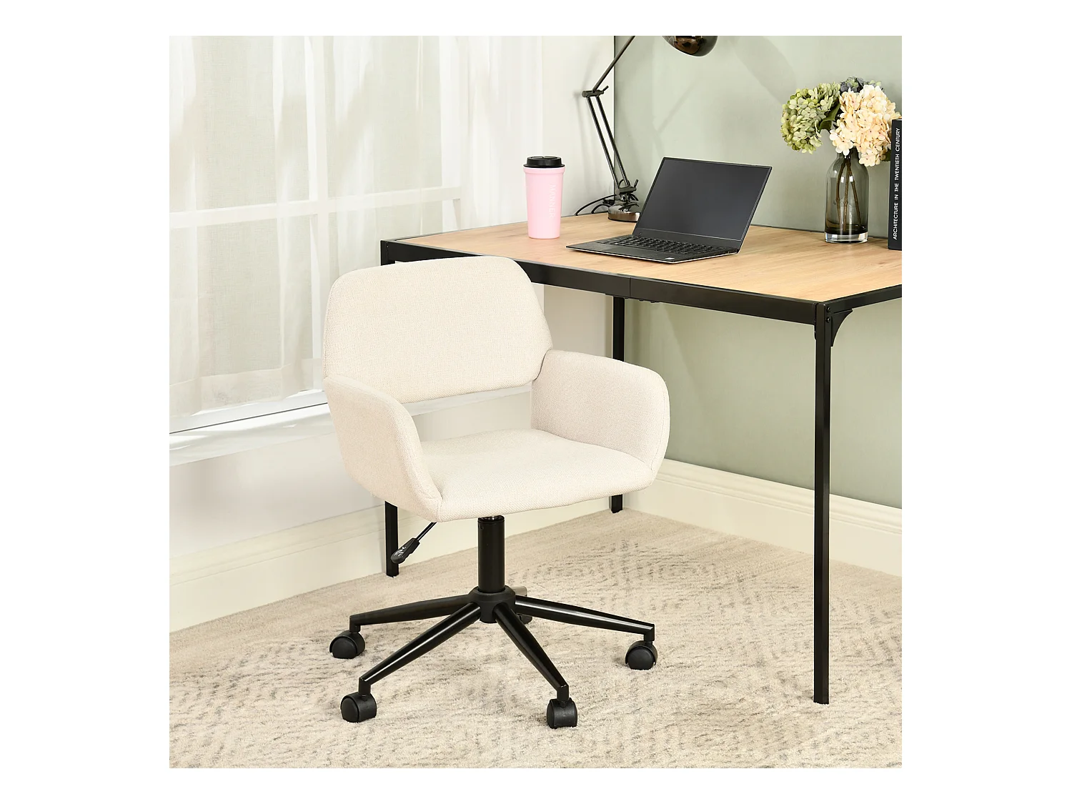 URBAN MEUBLE Chaise de bureau scandinave tissu beige pivotante hauteur réglable et 5 roulettes