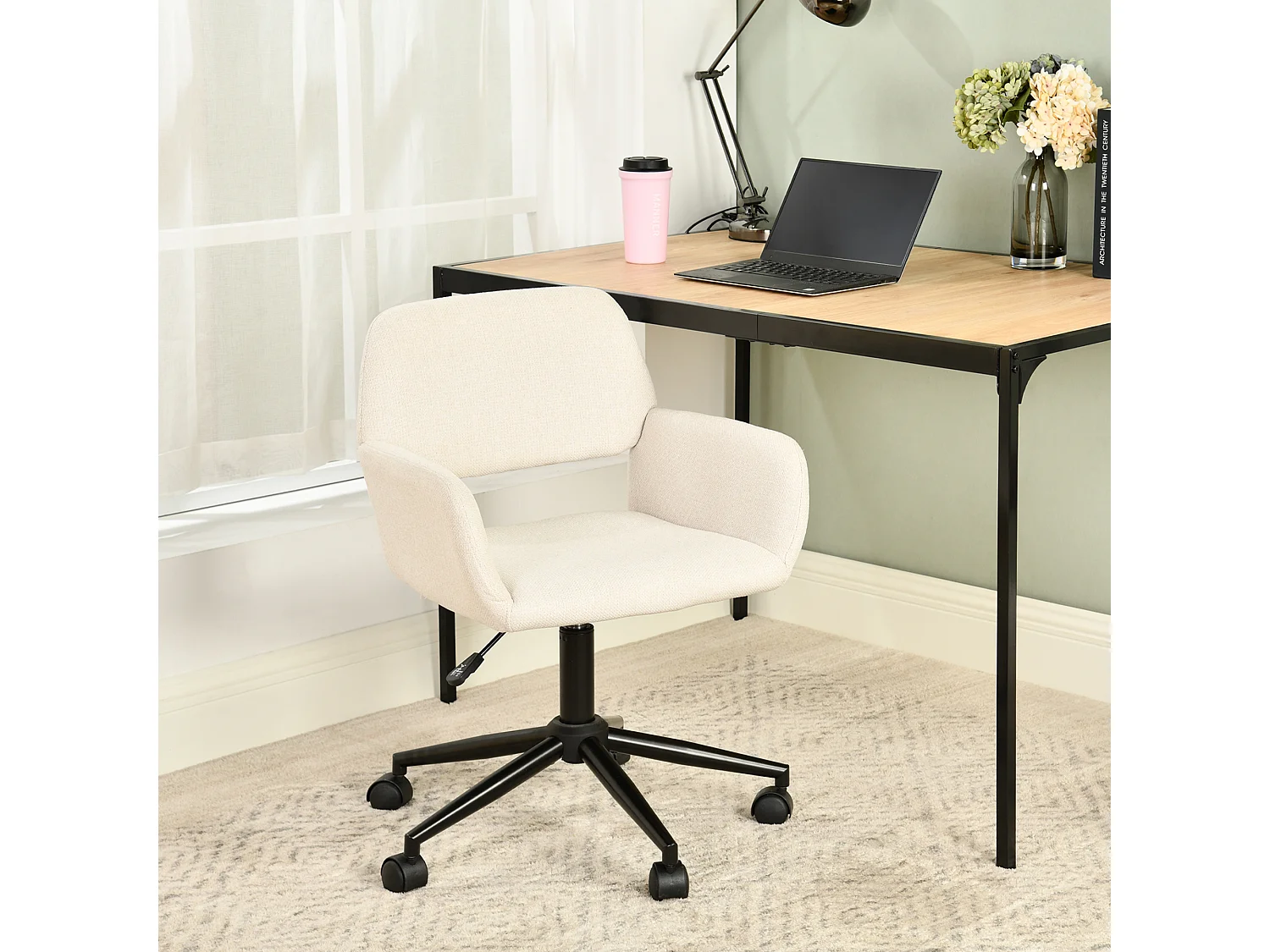 URBAN MEUBLE Chaise de bureau scandinave tissu beige pivotante hauteur réglable et 5 roulettes