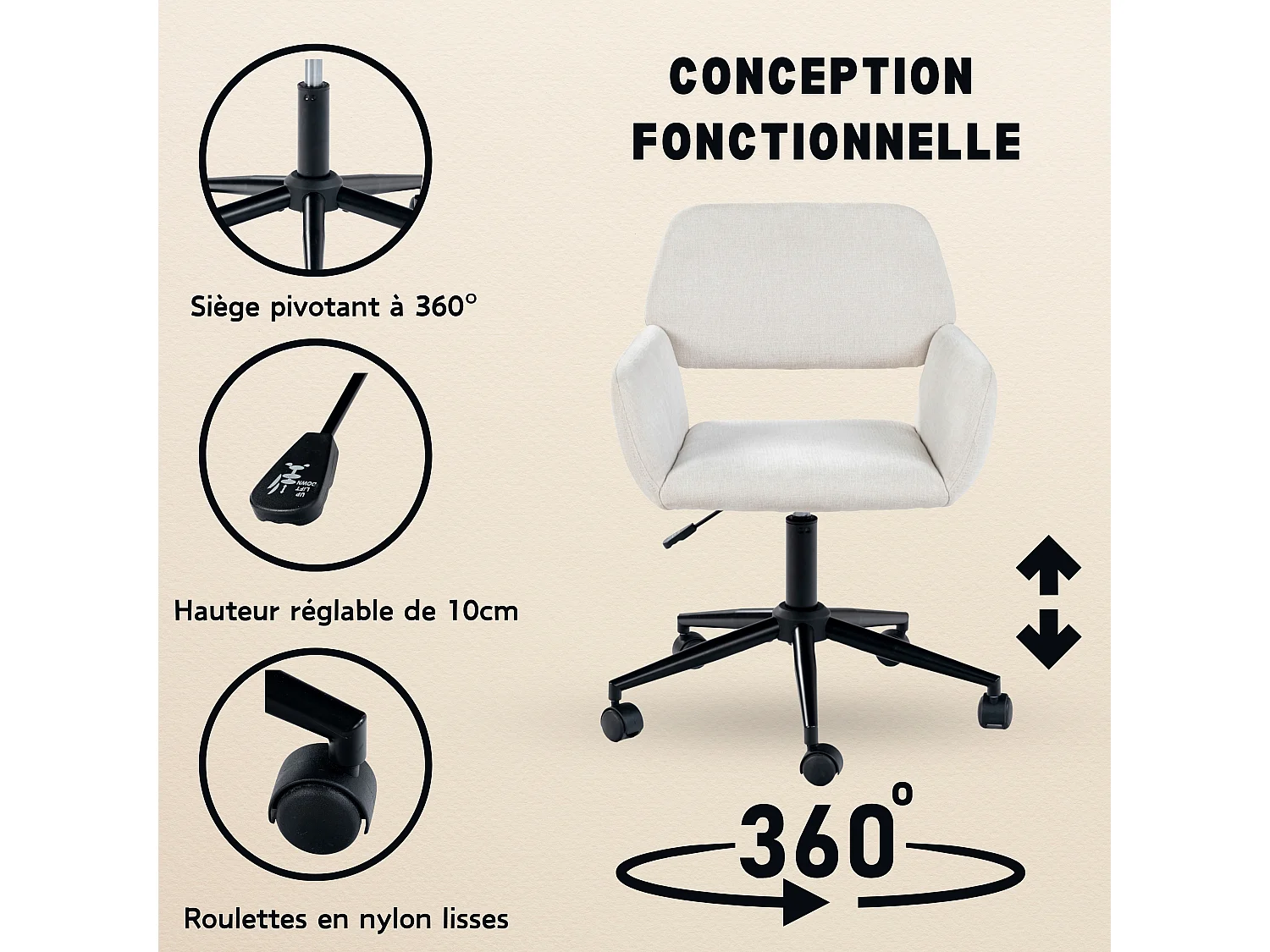 URBAN MEUBLE Chaise de bureau scandinave tissu beige pivotante hauteur réglable et 5 roulettes