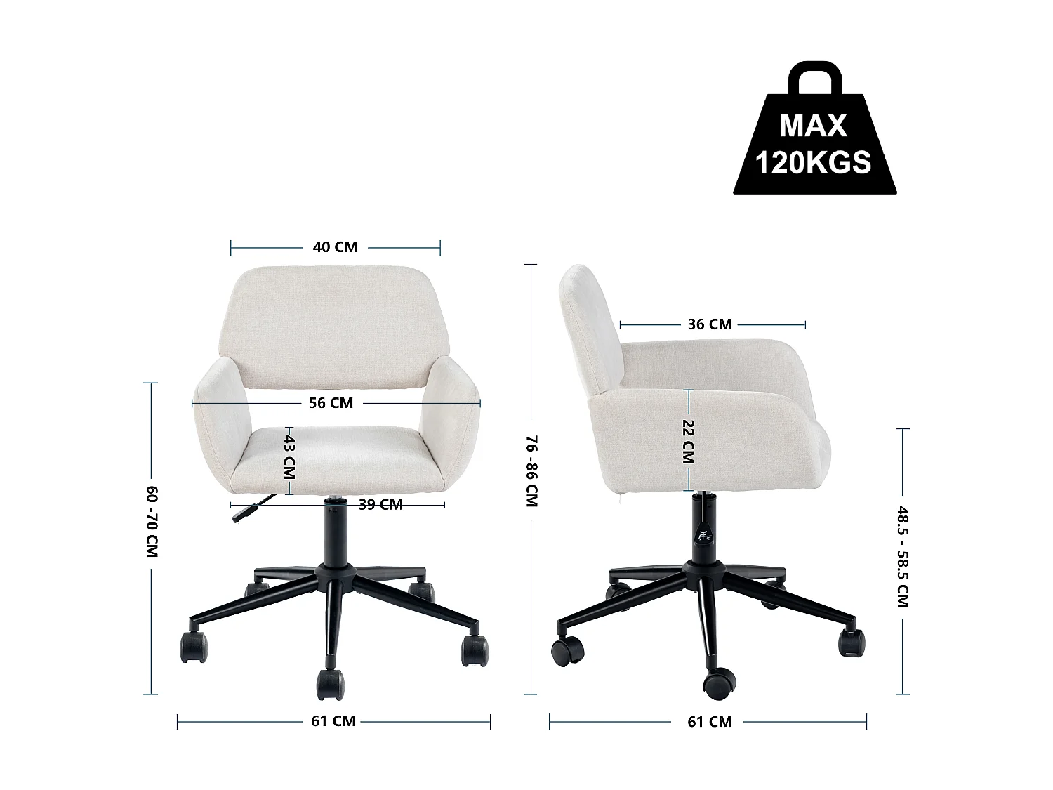 URBAN MEUBLE Chaise de bureau scandinave tissu beige pivotante hauteur réglable et 5 roulettes