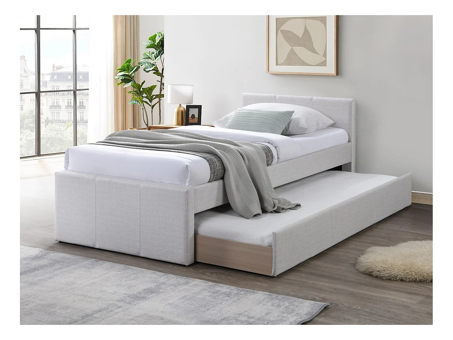 Ausziehbett 90 x 190 cm + Matratze - Stoff - Beige - DORITALO