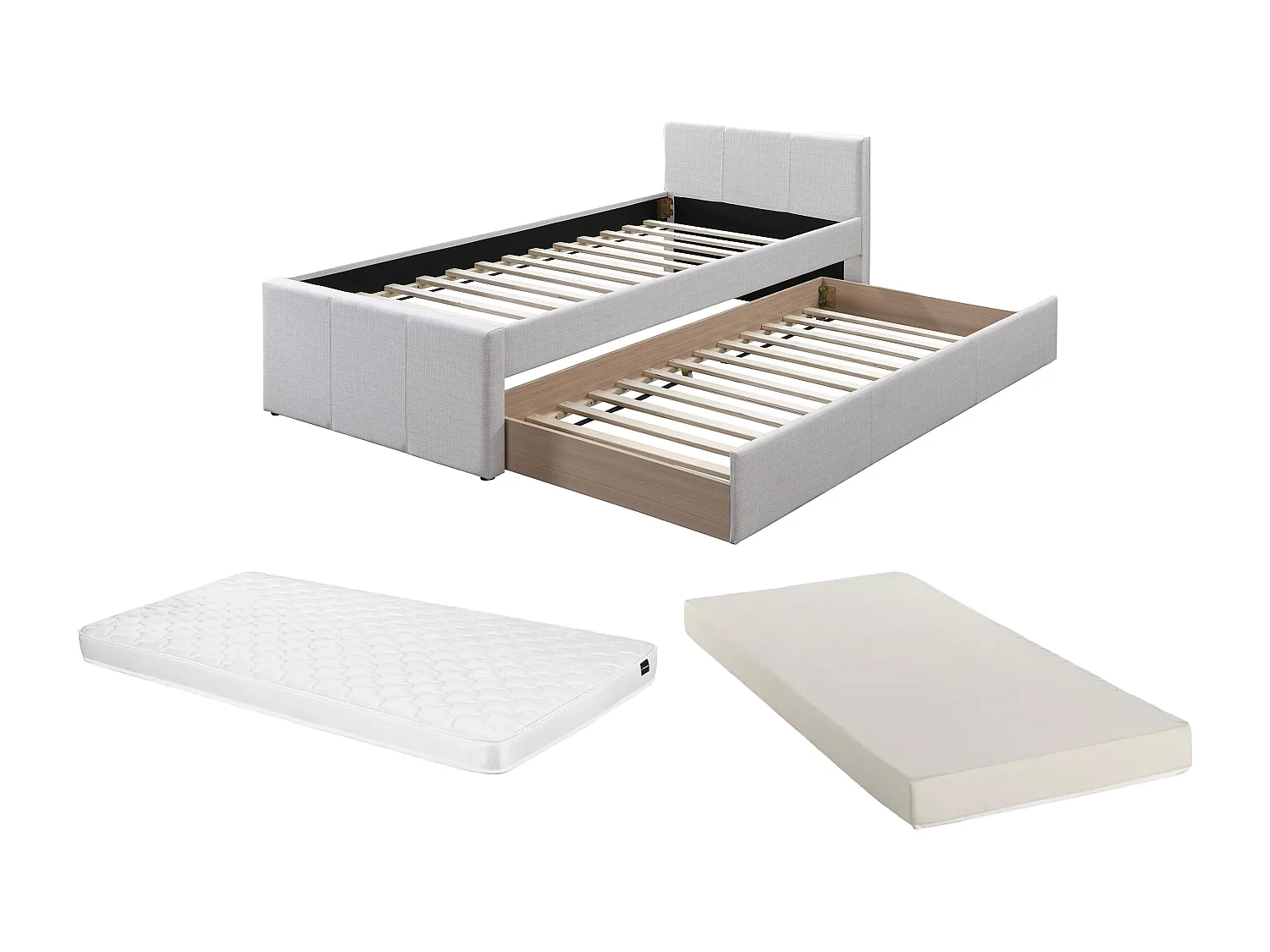 Lit gigogne 90 x 190 cm - Tissu - Beige + Matelas - DORITALO
