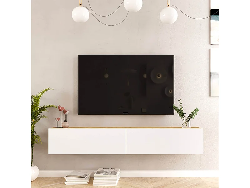 Mobile TV Sospeso Rebecca Mobili Jatara 29,5x180x31,5 Truciolato Bianco Rovere Chiaro Moderno