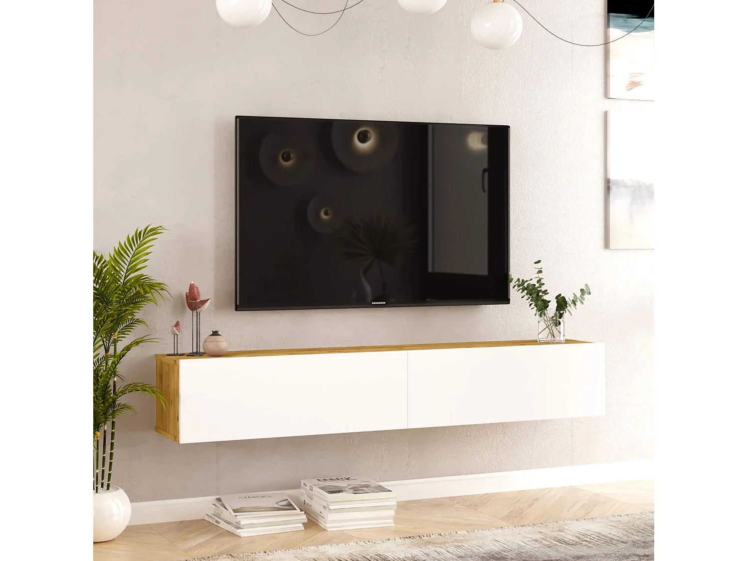 Meuble TV suspendu Rebecca Mobili Jatara 29,5x180x31,5 Panneau de particules Blanc Marron Clair Moderne