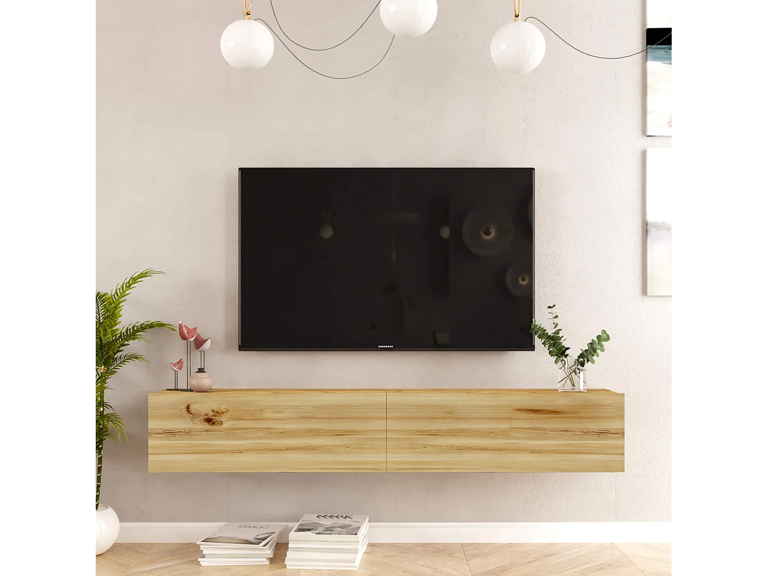 Mueble de TV suspendido Rebecca Mobili Tikur 29,5x180x31,5 Tablero de partículas Marrón Claro Moderno