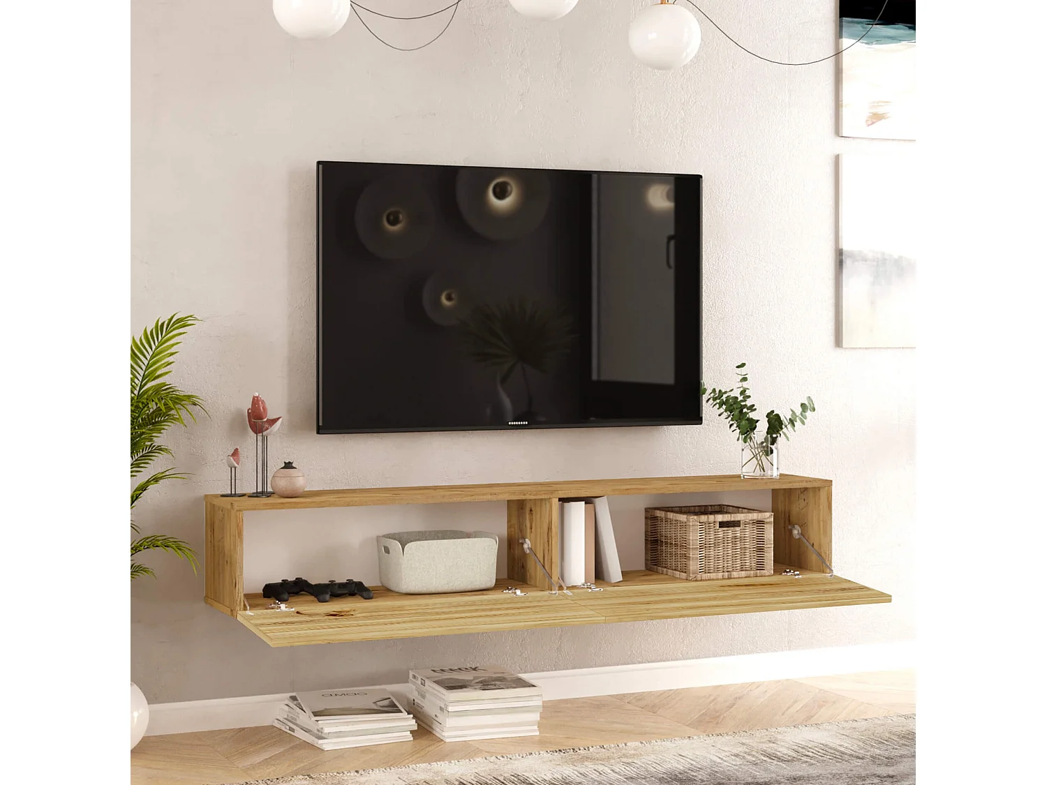 Mueble de TV suspendido Rebecca Mobili Tikur 29,5x180x31,5 Tablero de partículas Marrón Claro Moderno